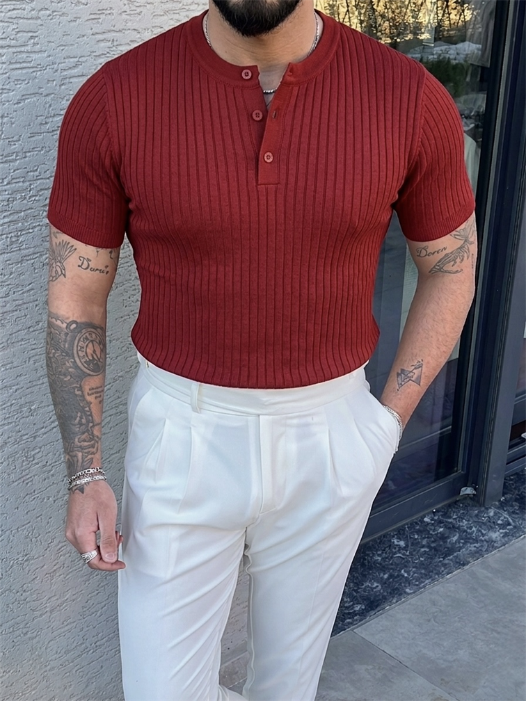 %100 Cotton Dik Çizgili Hakim Yaka Relaxed Triko Tshirt Bordo