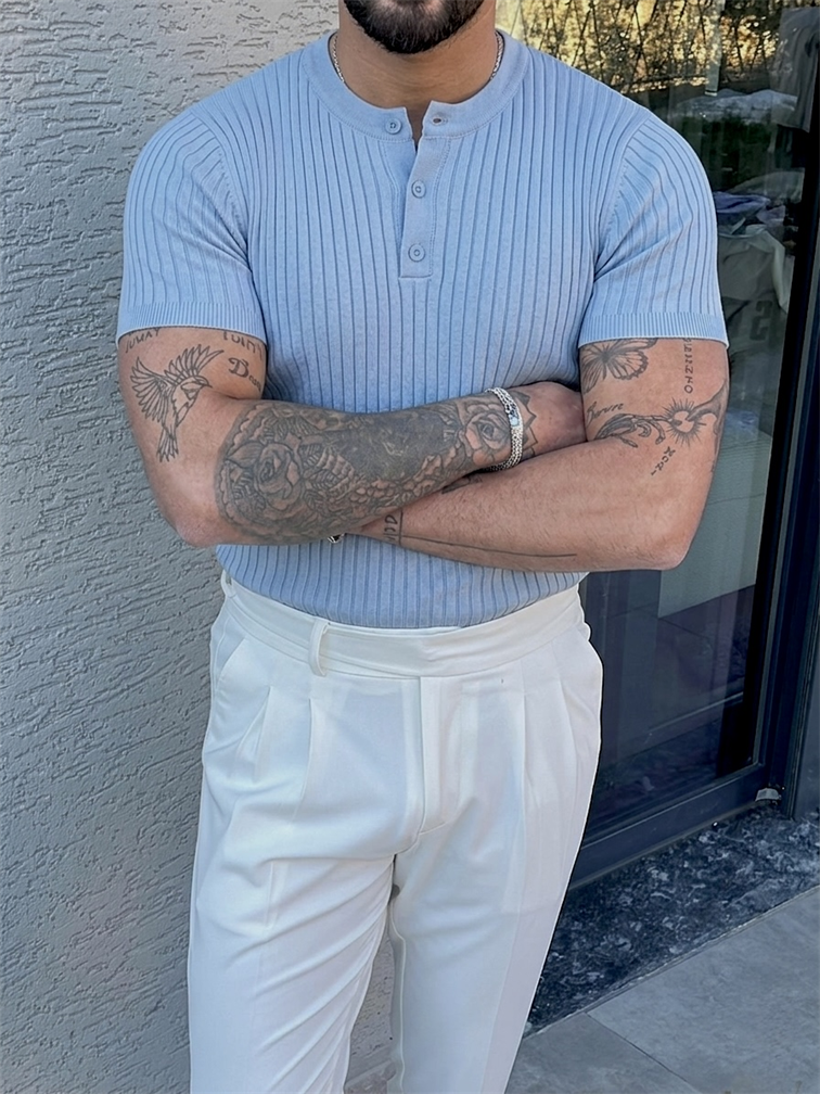 %100 Cotton Dik Çizgili Hakim Yaka Relaxed Triko Tshirt Bebe Mavisi