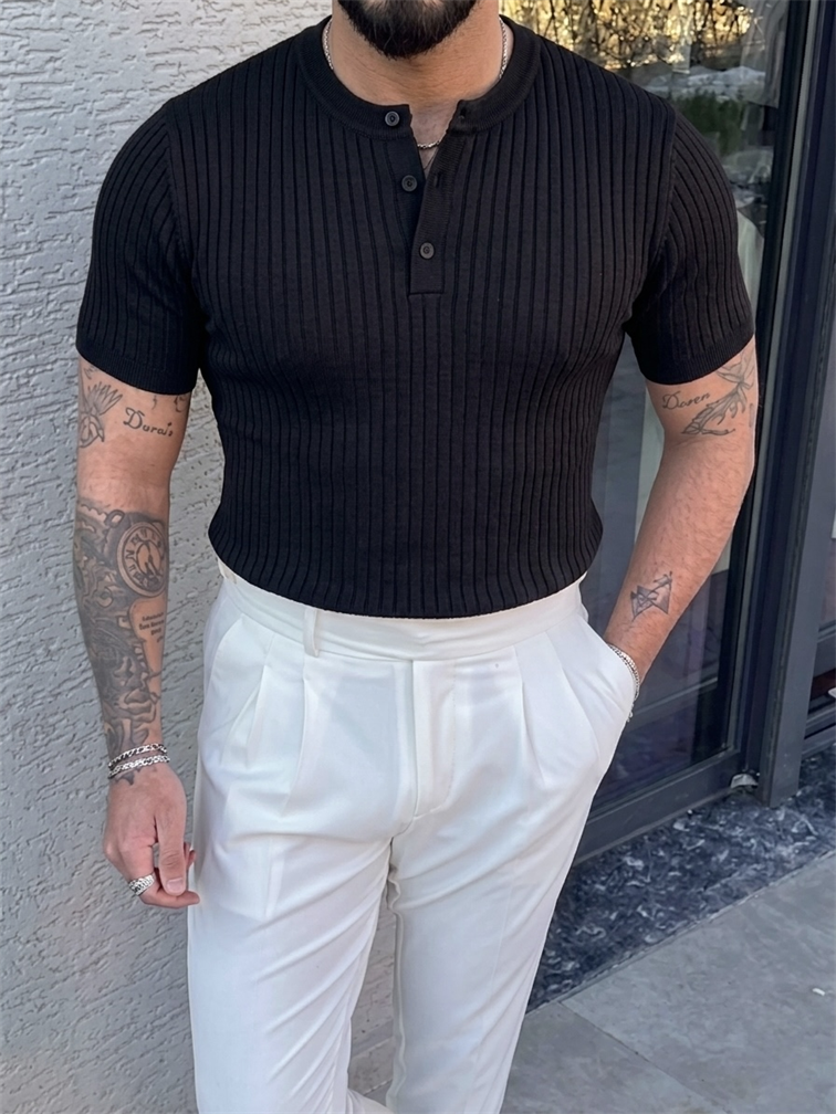 %100 Cotton Dik Çizgili Hakim Yaka Relaxed Triko Tshirt Siyah