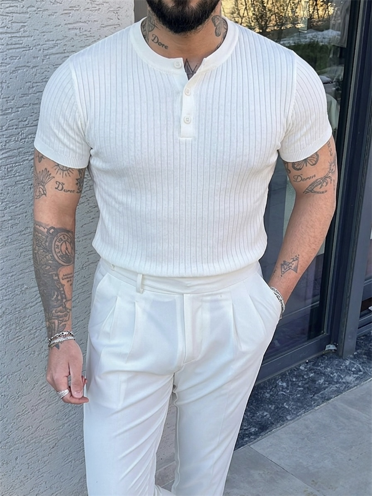 %100 Cotton Dik Çizgili Hakim Yaka Relaxed Triko Tshirt Beyaz
