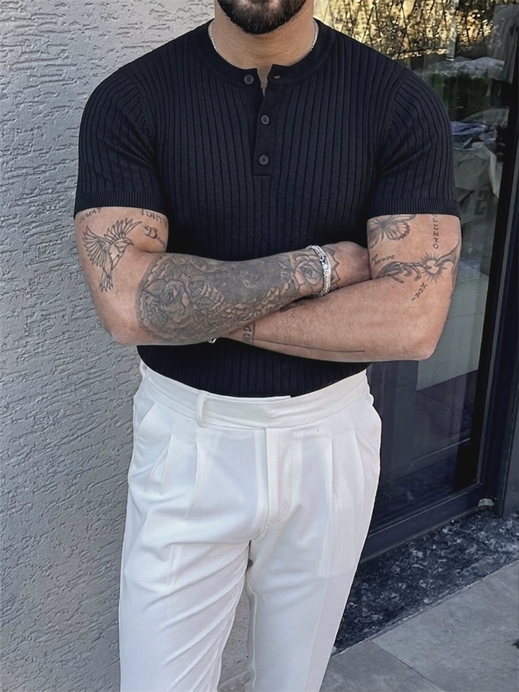 %100 Cotton Dik Çizgili Hakim Yaka Relaxed Triko Tshirt Siyah