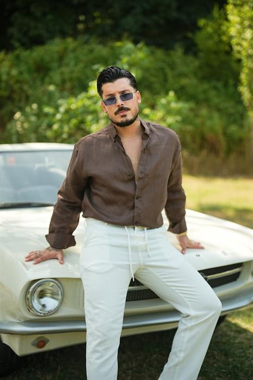 %100 Linen Oversize Gömlek Kahve