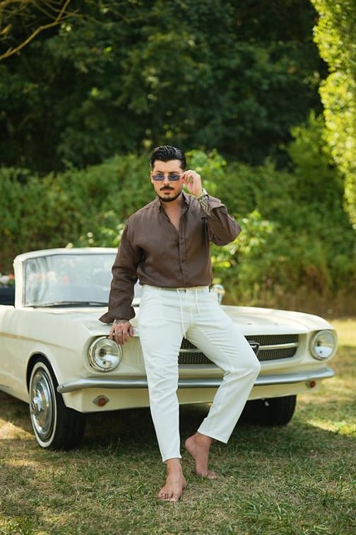 %100 Linen Oversize Gömlek Kahve