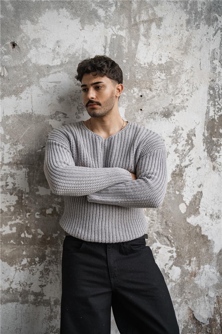 Açık Yaka Geniş Örme Oversize Kazak Gri