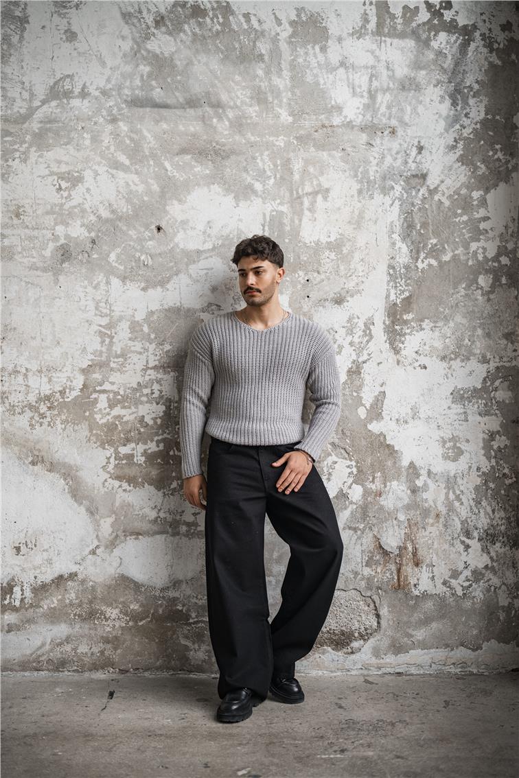 Açık Yaka Geniş Örme Oversize Kazak Gri