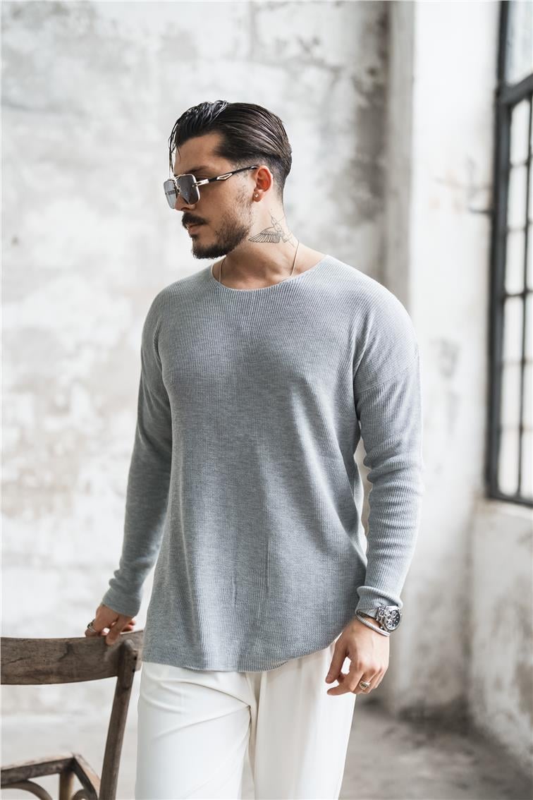 Açık Yaka İnce Triko Kazak Gri