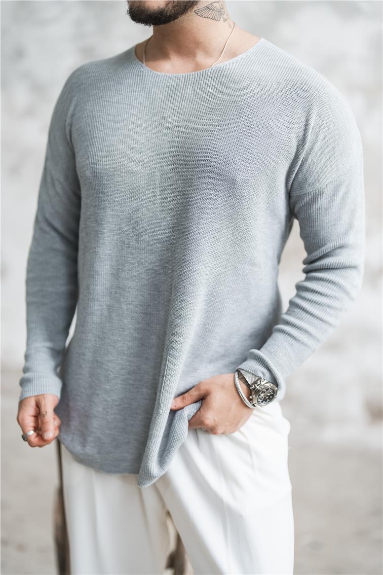 Açık Yaka İnce Triko Kazak Gri