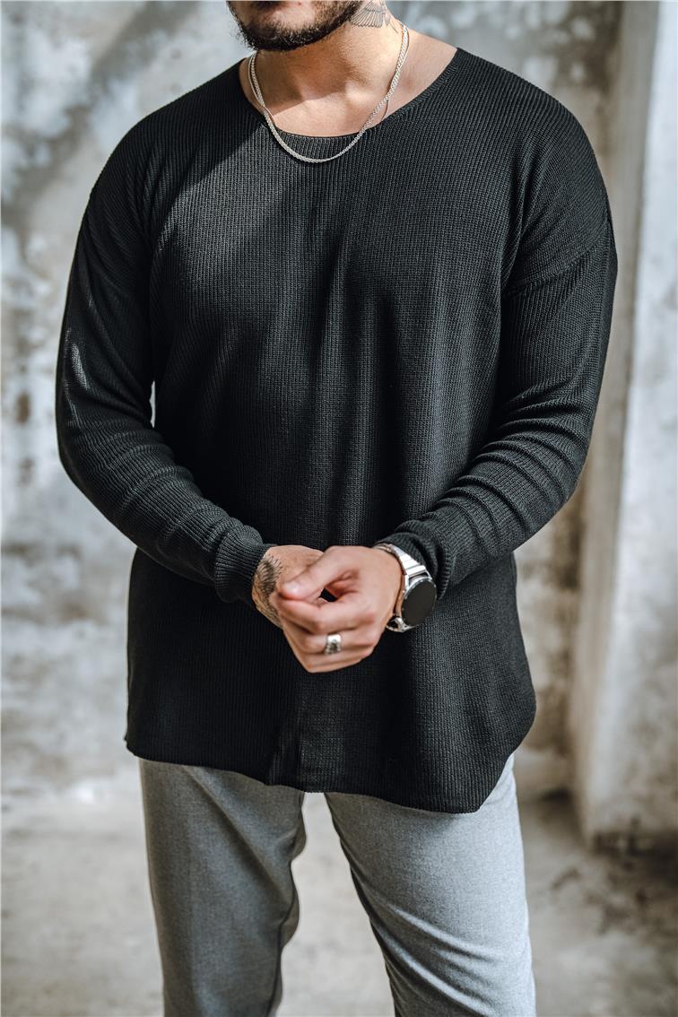 Açık Yaka İnce Triko Kazak Siyah