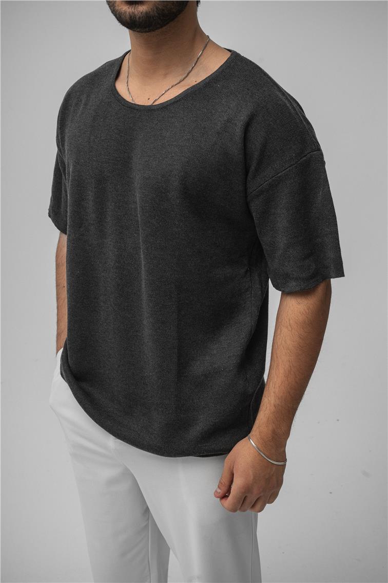 Açık Yaka Oversize T-Shirt Antrasit