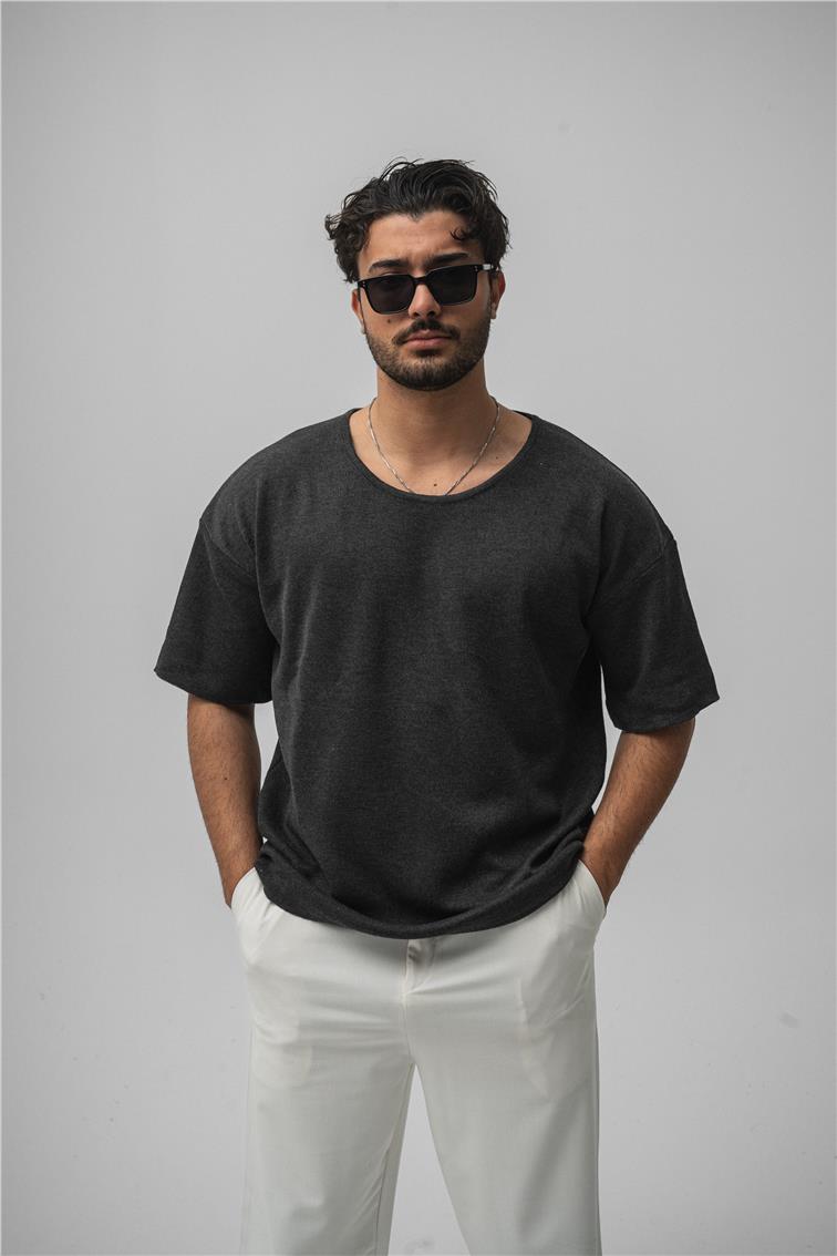 Açık Yaka Oversize T-Shirt Antrasit