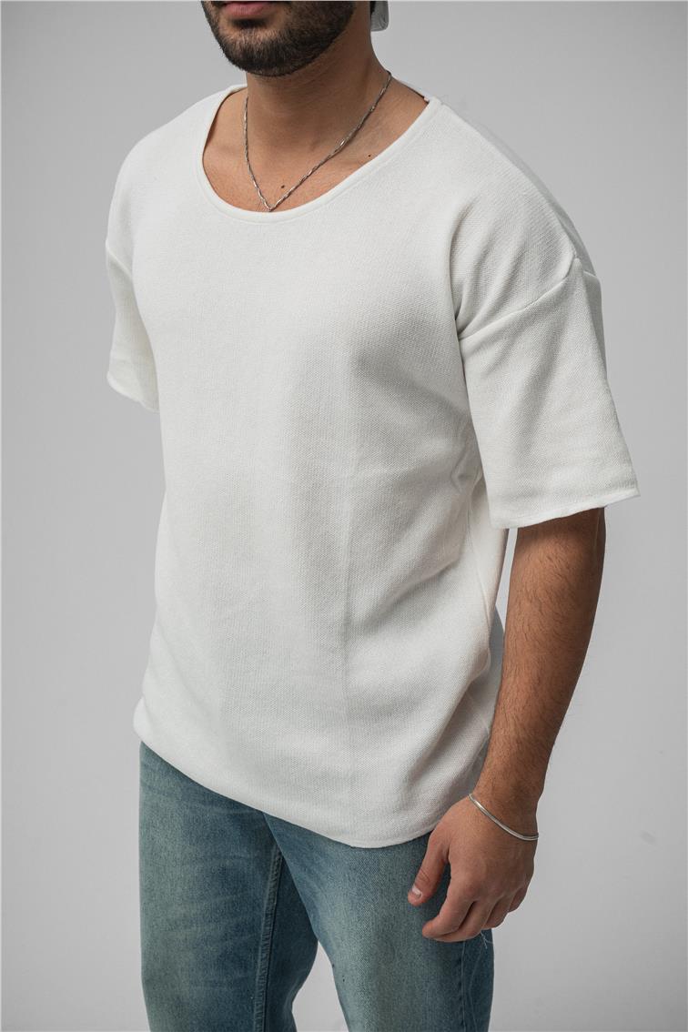 Açık Yaka Oversize T-Shirt Beyaz