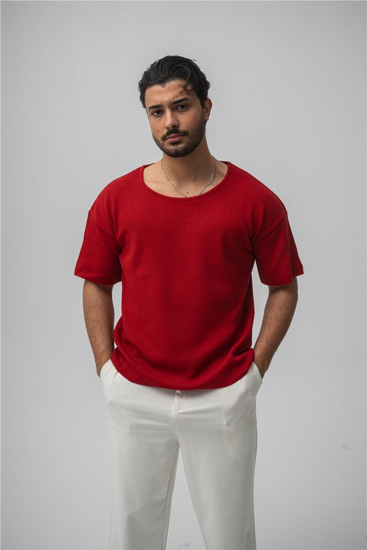Açık Yaka Oversize T-Shirt Kırmızı