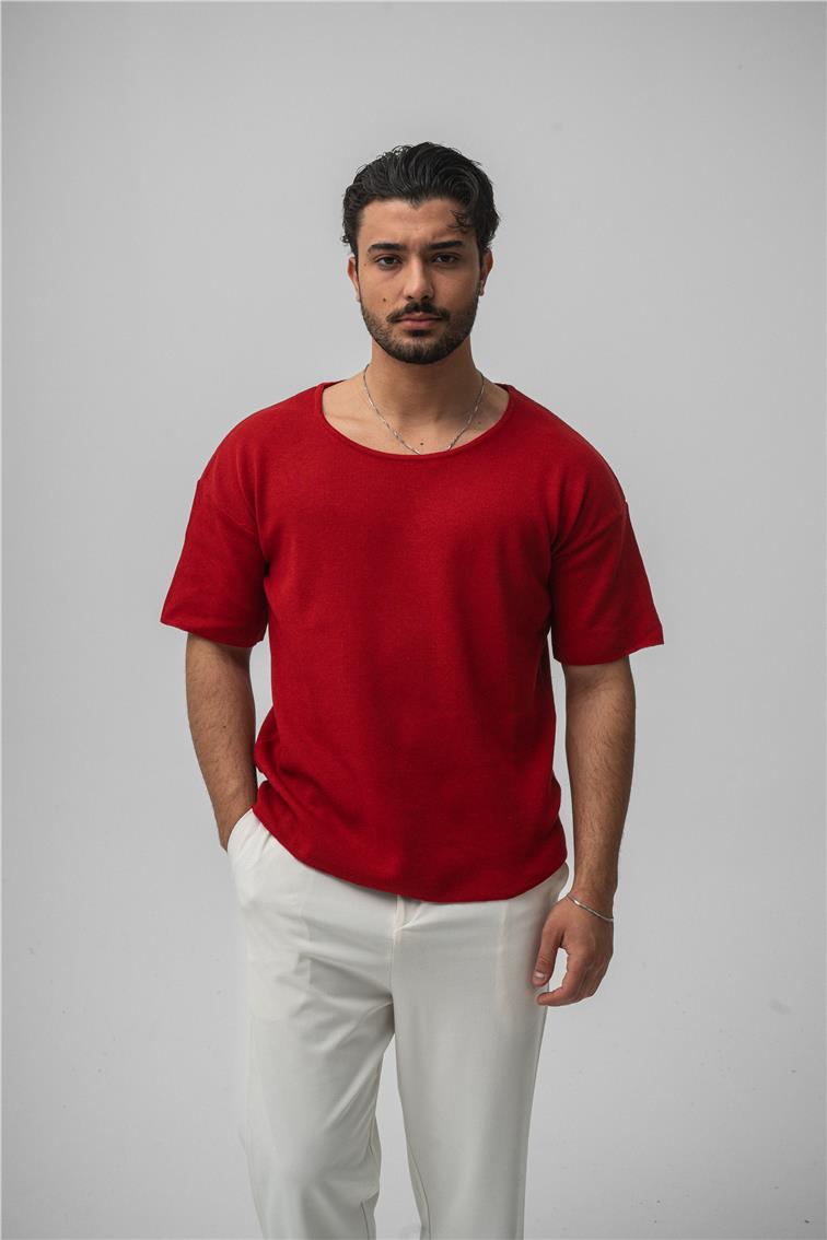 Açık Yaka Oversize T-Shirt Kırmızı