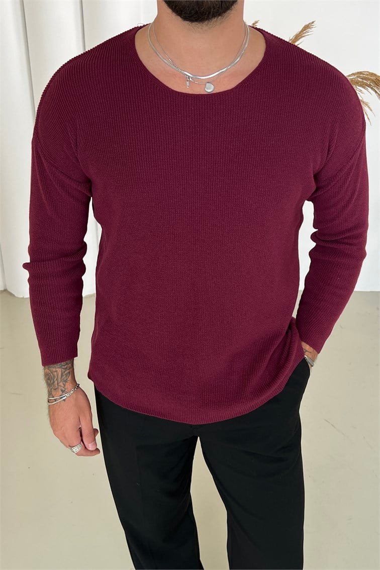 Açık Yaka Oversize Triko Bordo