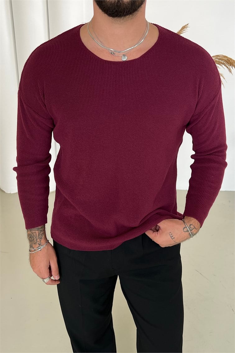 Açık Yaka Oversize Triko Bordo