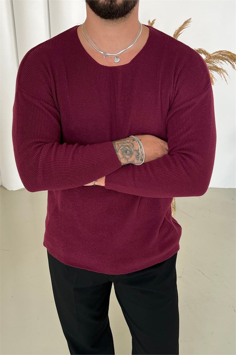 Açık Yaka Oversize Triko Bordo