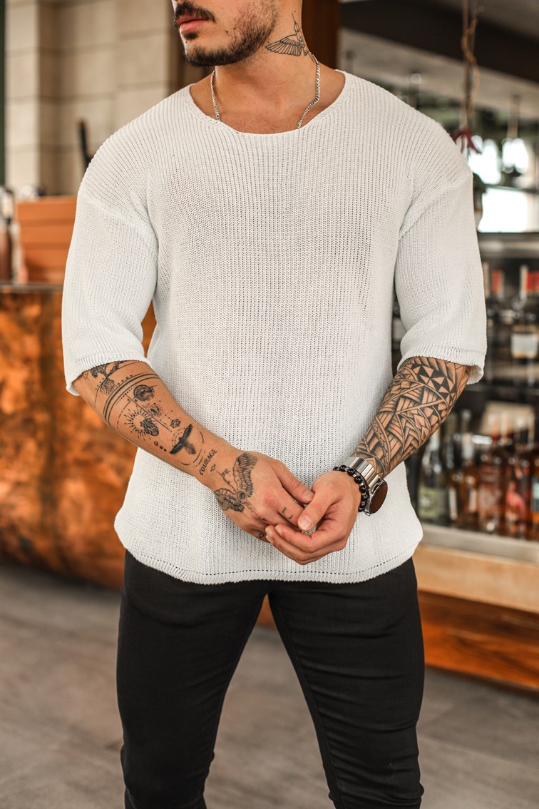 Açık Yaka Oversize Triko Tshirt Beyaz