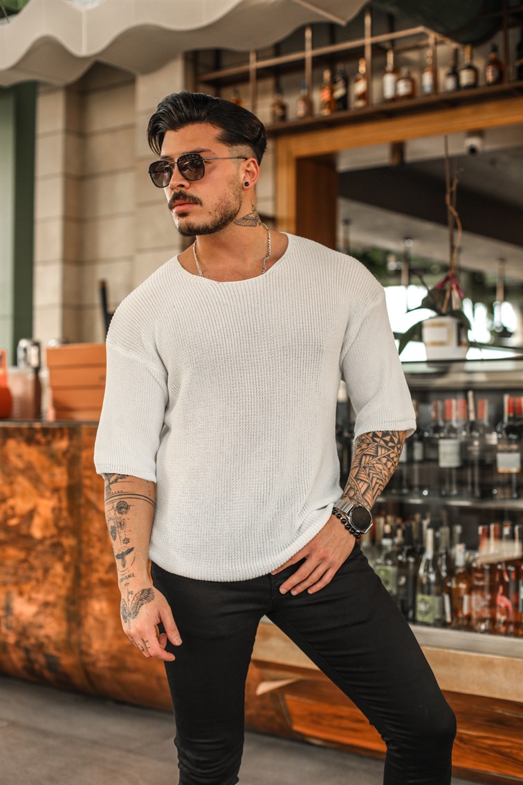 Açık Yaka Oversize Triko Tshirt Beyaz