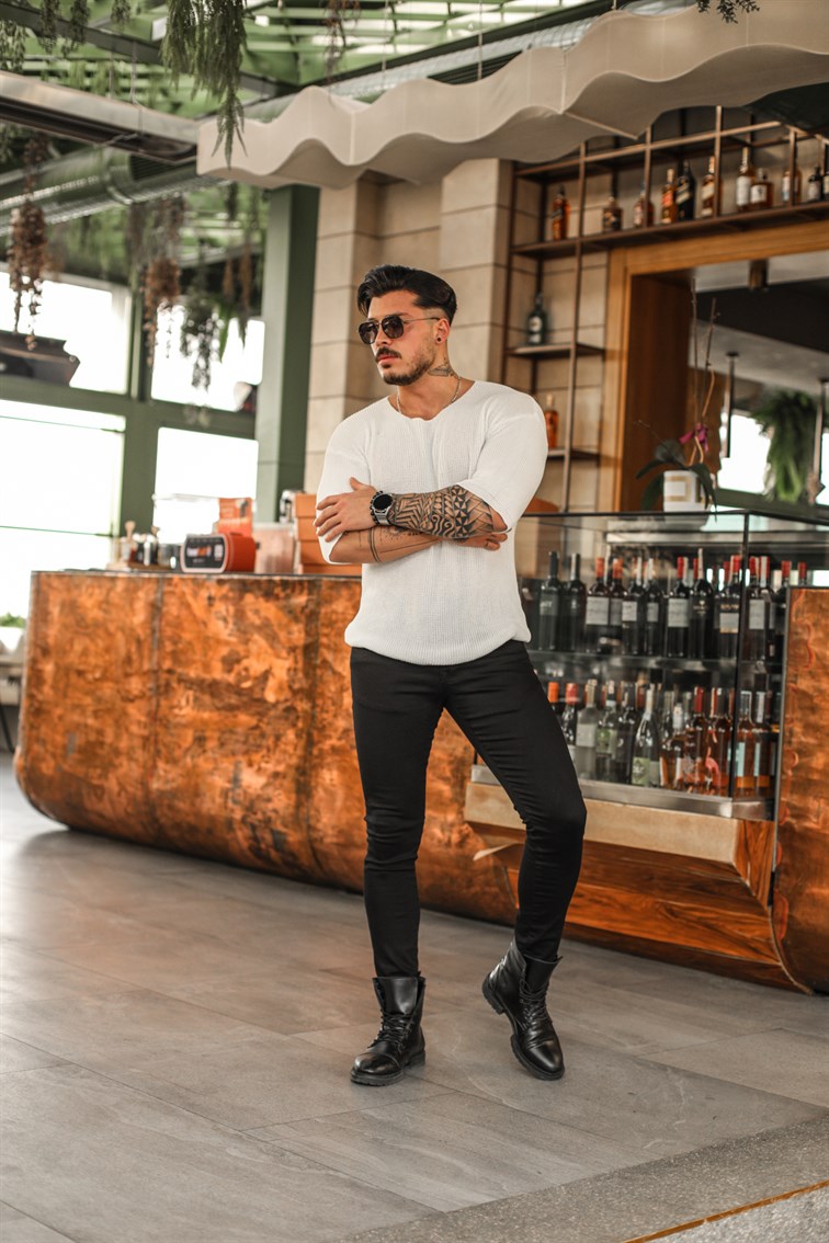 Açık Yaka Oversize Triko Tshirt Beyaz