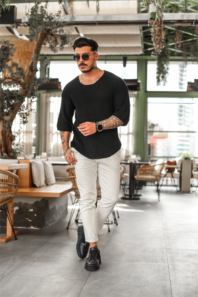 Açık Yaka Oversize Triko Tshirt Siyah