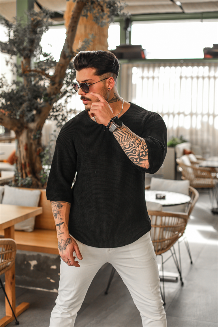 Açık Yaka Oversize Triko Tshirt Siyah