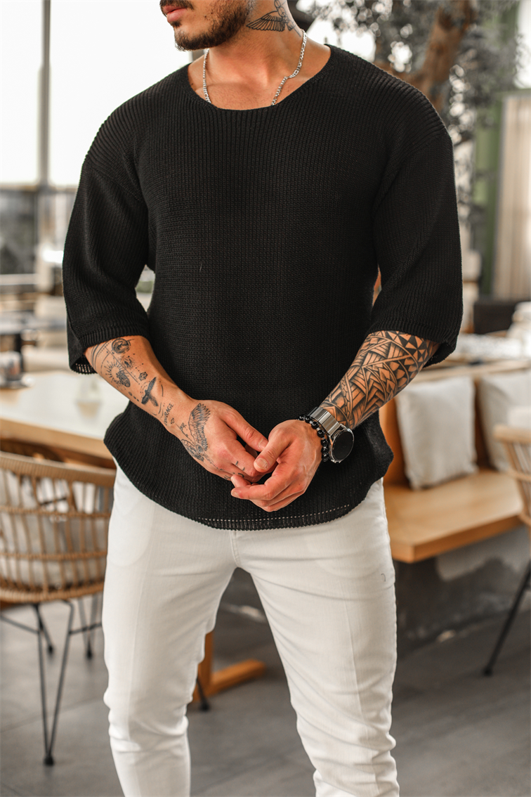 Açık Yaka Oversize Triko Tshirt Siyah