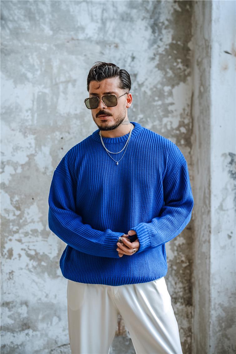 Ajurlu Dolgun  Dokulu  Oversize Kazak Koyu Mavi