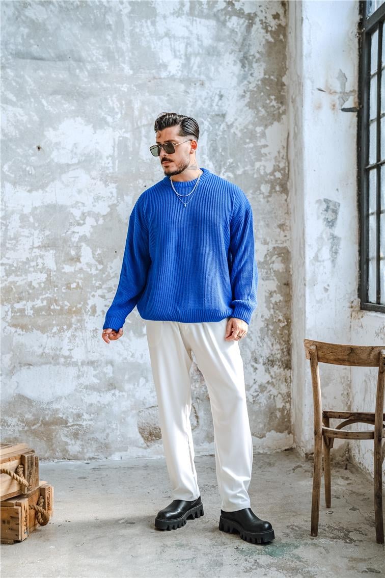 Ajurlu Dolgun  Dokulu  Oversize Kazak Koyu Mavi