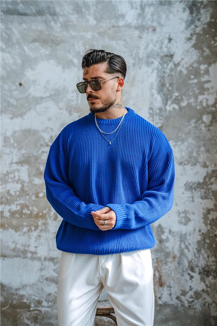 Ajurlu Dolgun  Dokulu  Oversize Kazak Koyu Mavi