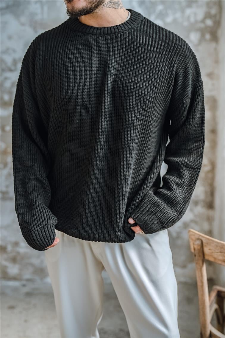 Ajurlu Dolgun  Dokulu  Oversize Kazak Siyah