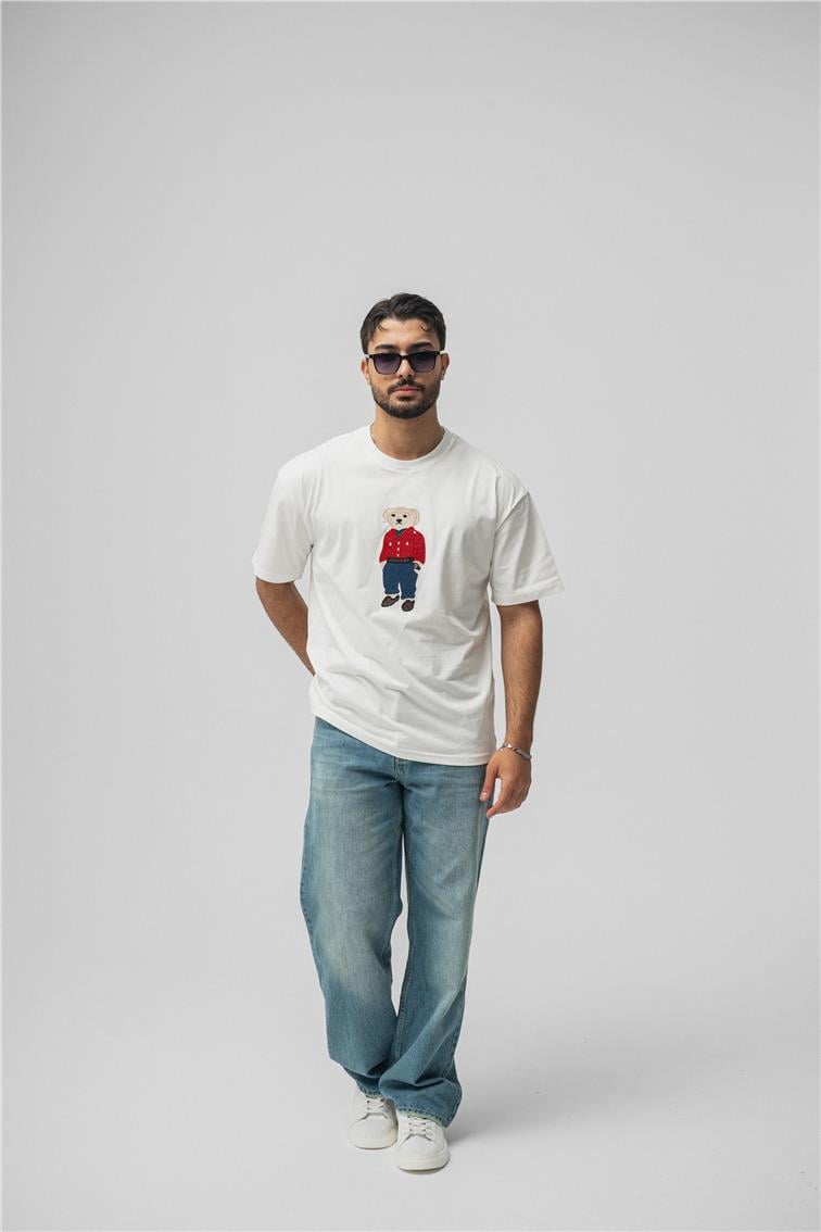 Ayı Baskılı Oversize T-Shirt Beyaz