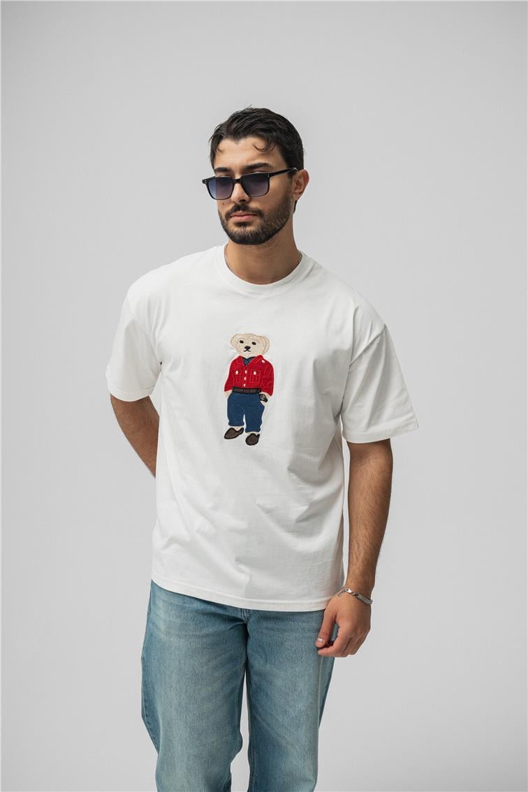 Ayı Baskılı Oversize T-Shirt Beyaz