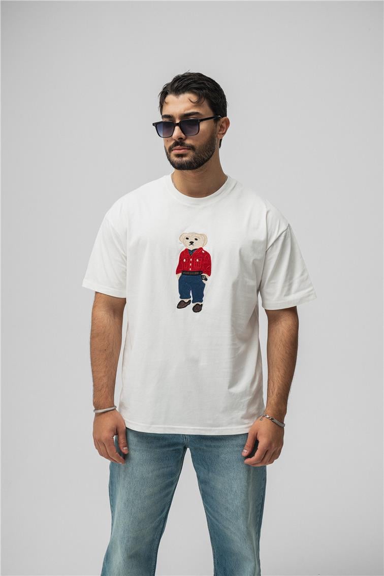 Ayı Baskılı Oversize T-Shirt Beyaz