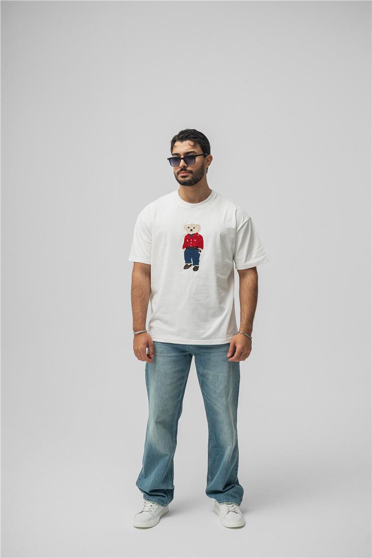 Ayı Baskılı Oversize T-Shirt Beyaz
