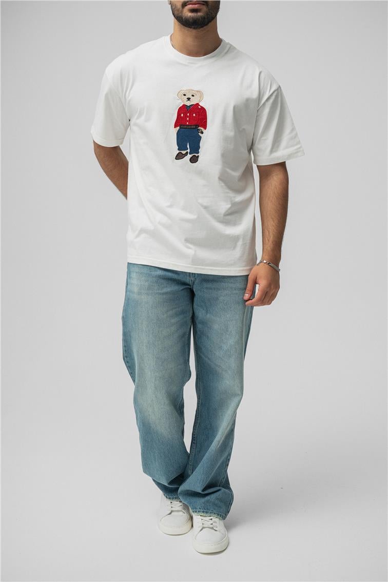 Ayı Baskılı Oversize T-Shirt Beyaz