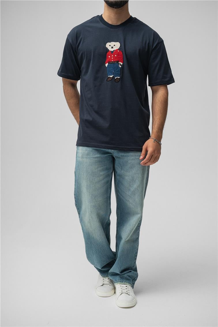 Ayı Baskılı Oversize T-Shirt Lacivert