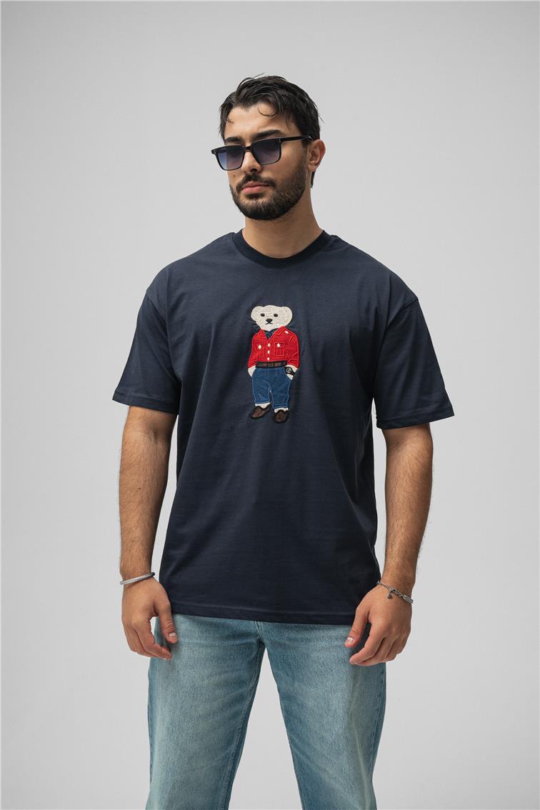 Ayı Baskılı Oversize T-Shirt Lacivert