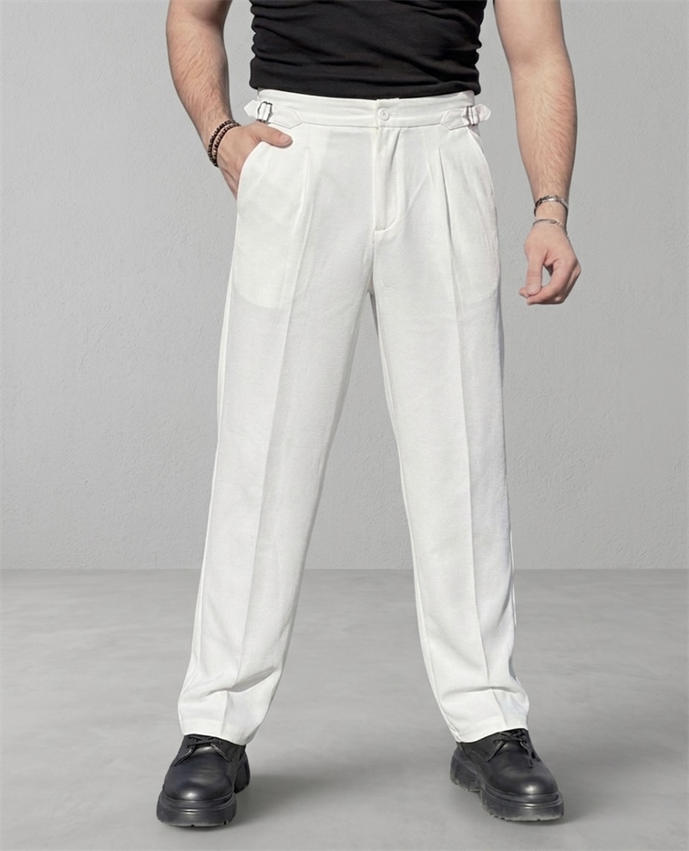 Baggy Kendinden Kemerli Kumaş Pantolon Beyaz