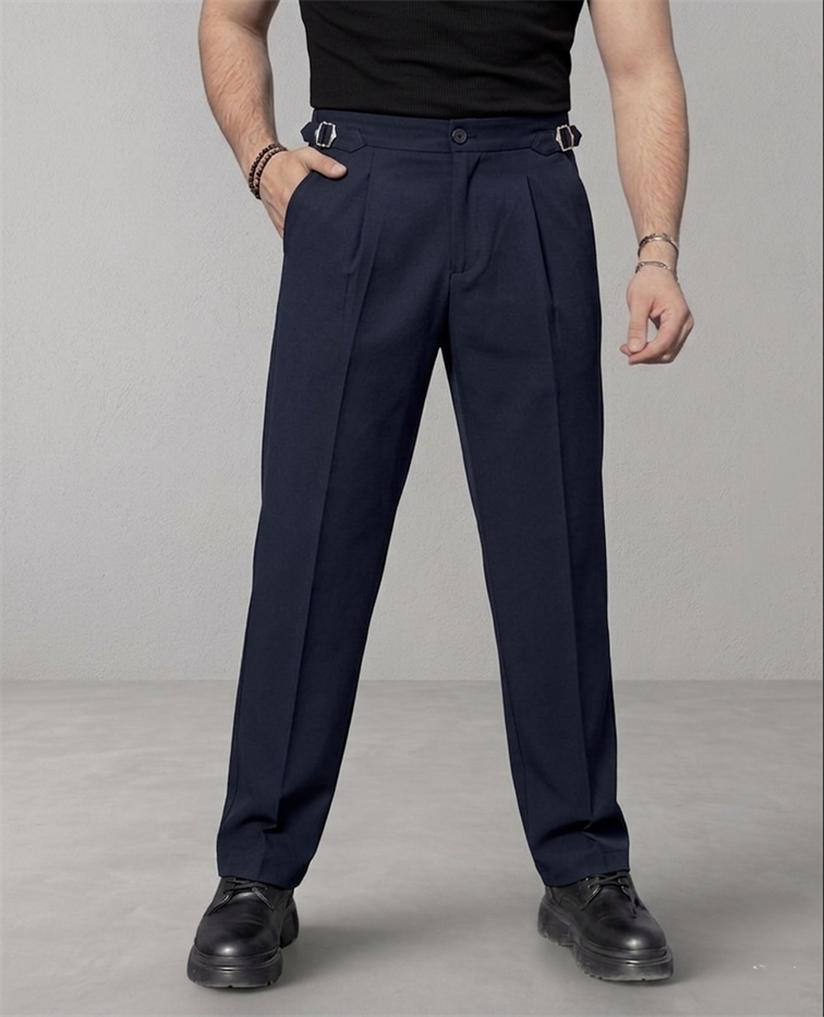 Baggy Kendinden Kemerli Kumaş Pantolon Lacivert
