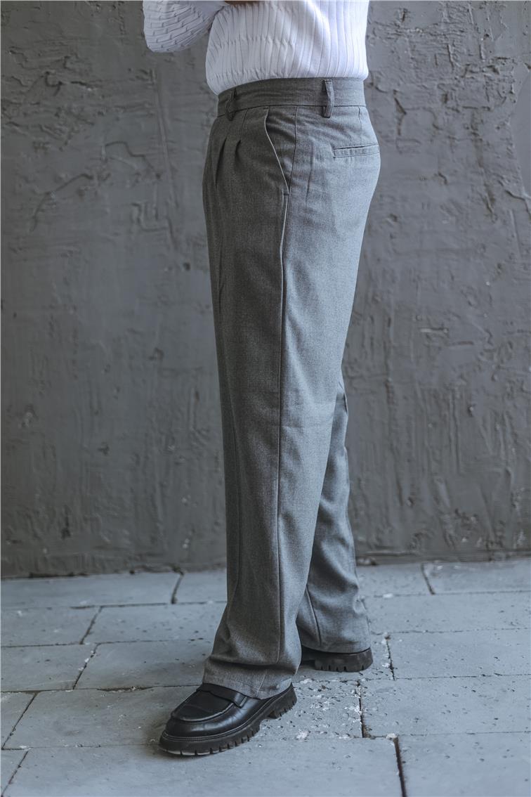Baggy Pileli Rahat Klasik Pantolon Gri