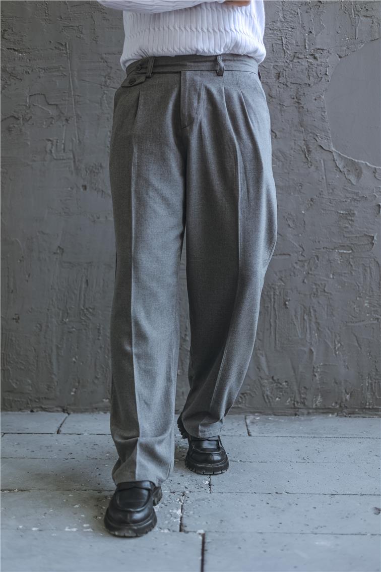 Baggy Pileli Rahat Klasik Pantolon Gri