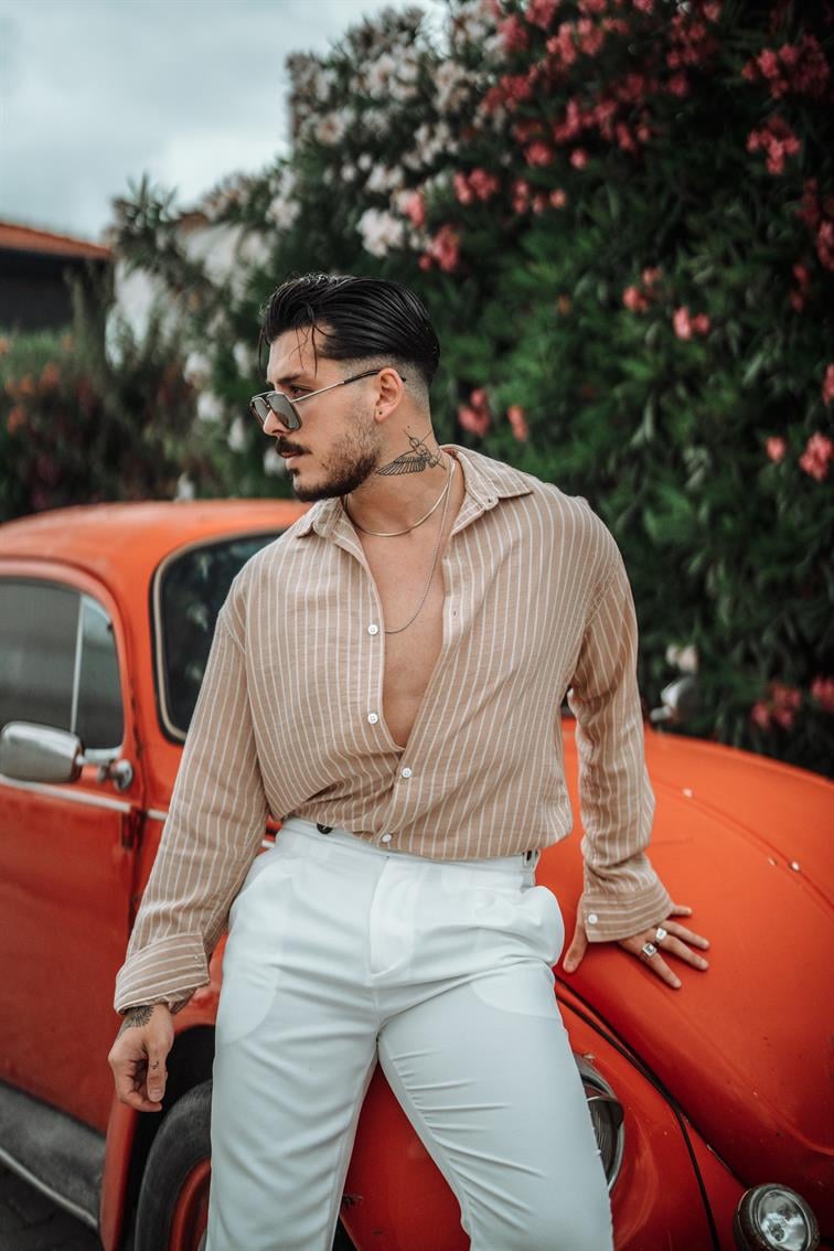 Basic Çizgili Gömlek Bej