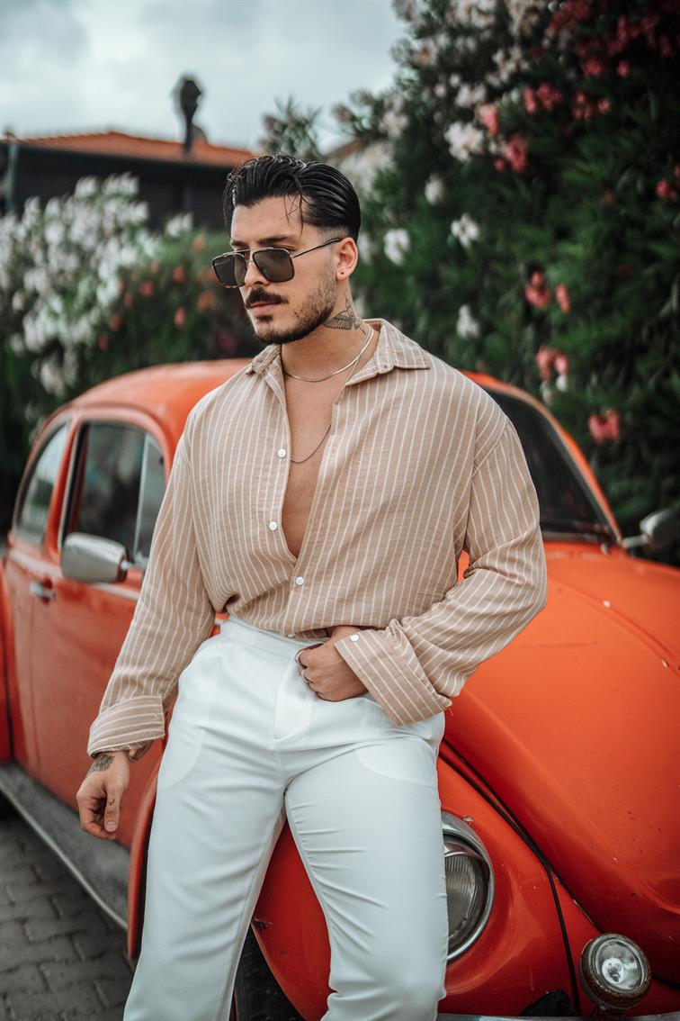 Basic Çizgili Gömlek Bej