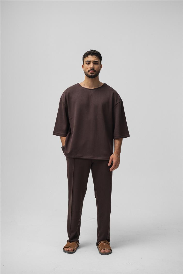 Basic Fakir Kol Oversize T-Shirt Kahve
