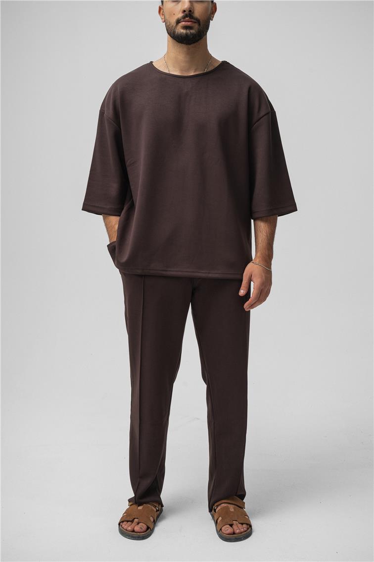 Basic Fakir Kol Oversize T-Shirt Kahve