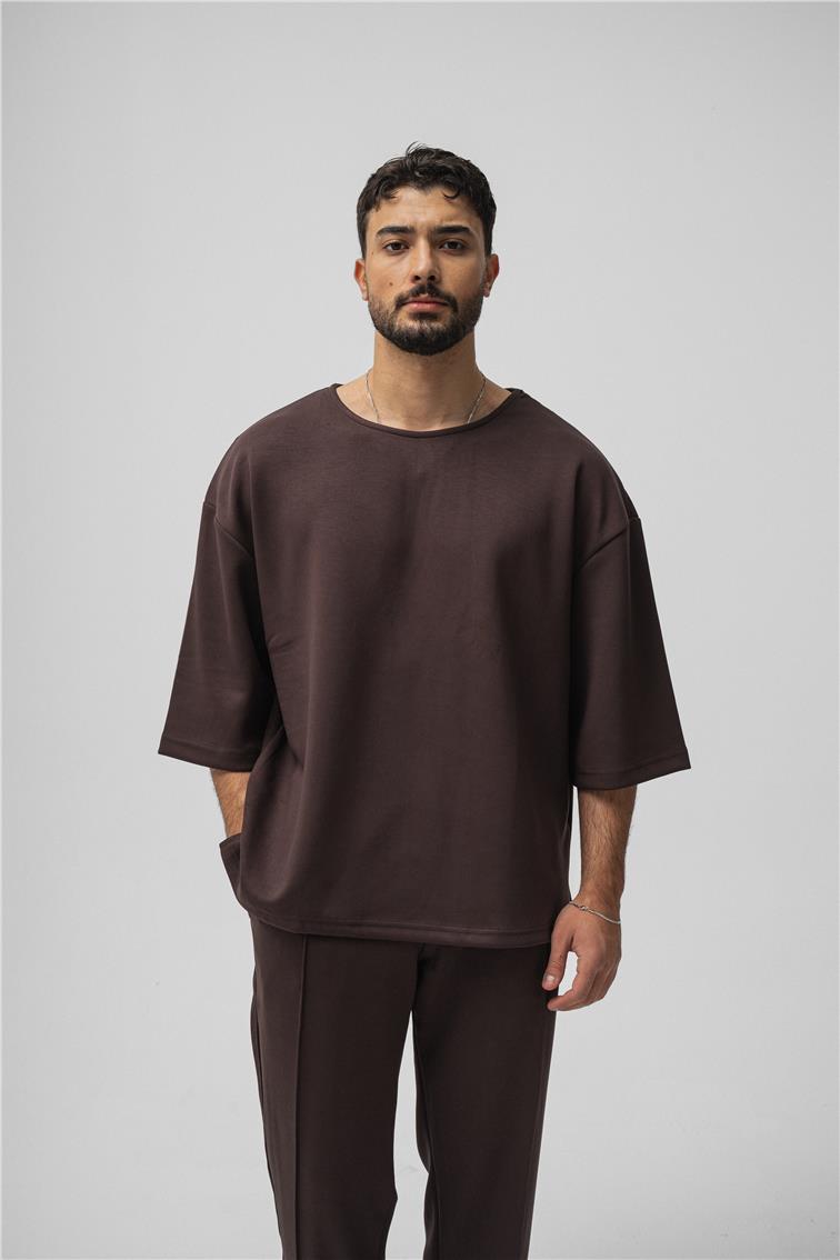 Basic Fakir Kol Oversize T-Shirt Kahve