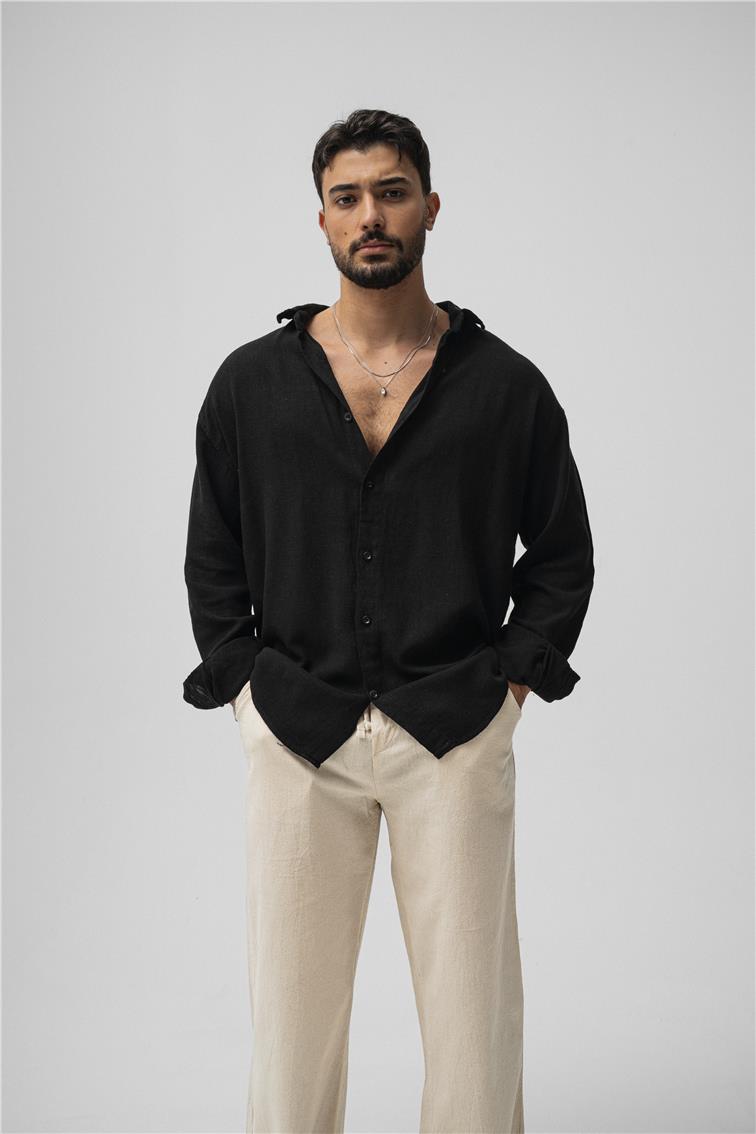 Basic Keten Oversize Gömlek Siyah