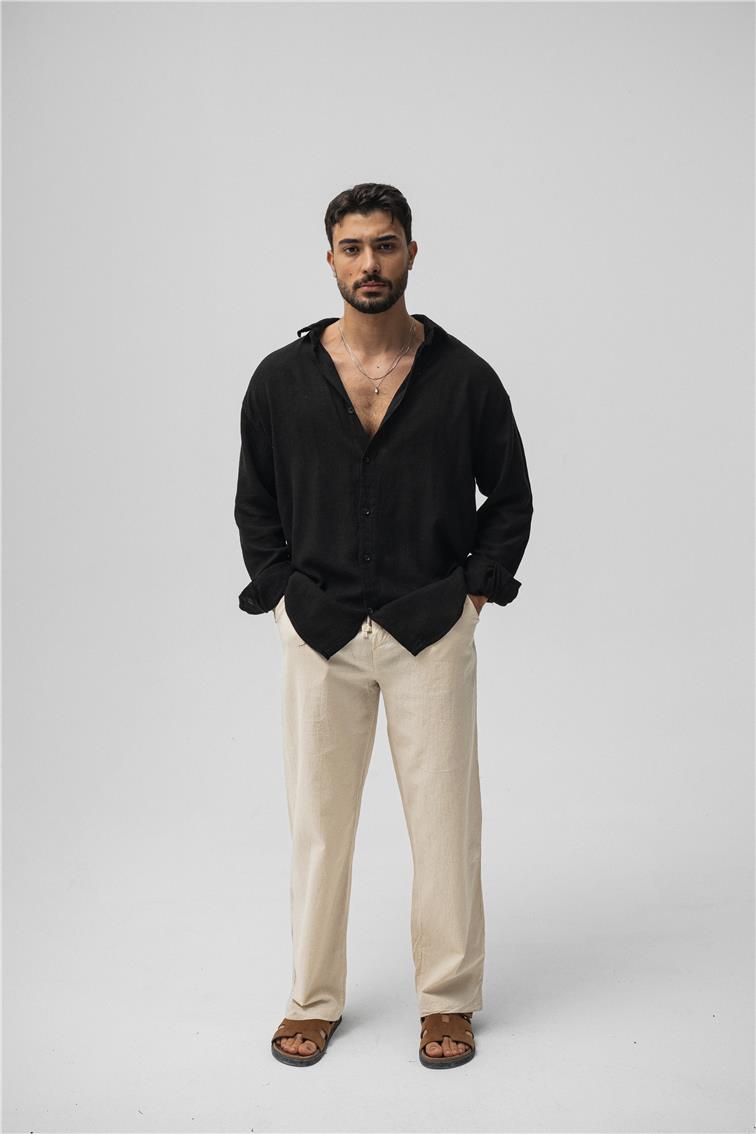 Basic Keten Oversize Gömlek Siyah