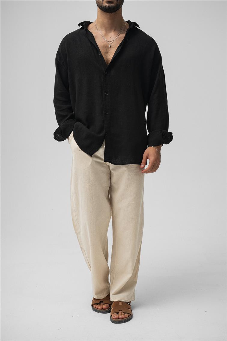 Basic Keten Oversize Gömlek Siyah