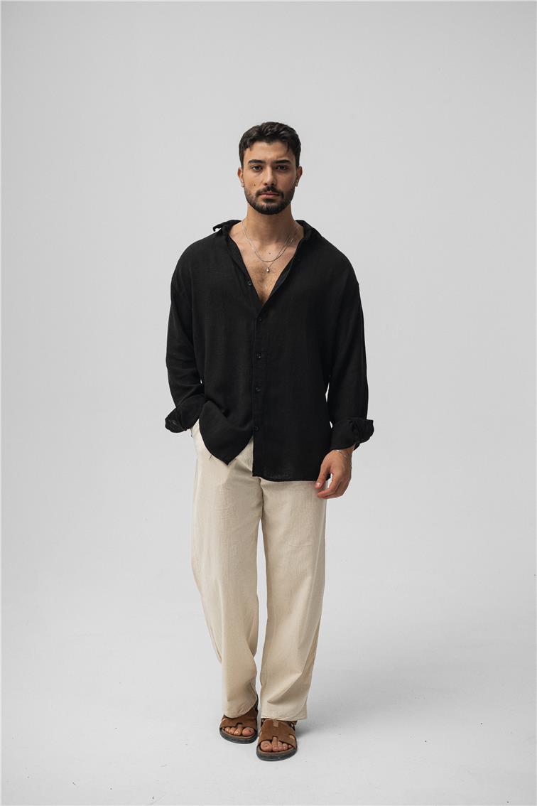 Basic Keten Oversize Gömlek Siyah